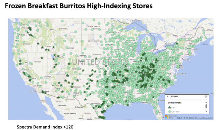 Spectra demand index map showing frozen breakfast burrito demand concentrated across the Southeast and Mid-Atlantic